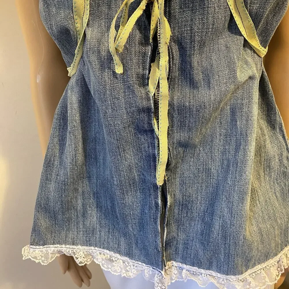 VTG OldNavy BlueDenim LaceTrim Corset Coquette Babydoll Handmade Up cycle L/XL - Picture 9 of 13